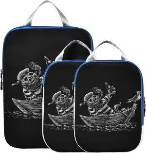 Sea Voyage Skeleton Sailor Sailing Boat Crow Black White 3 Set Packing Cubes, Travel Packing Organizers, Waterproof Check Oxford cloth Toiletry Storage Bag