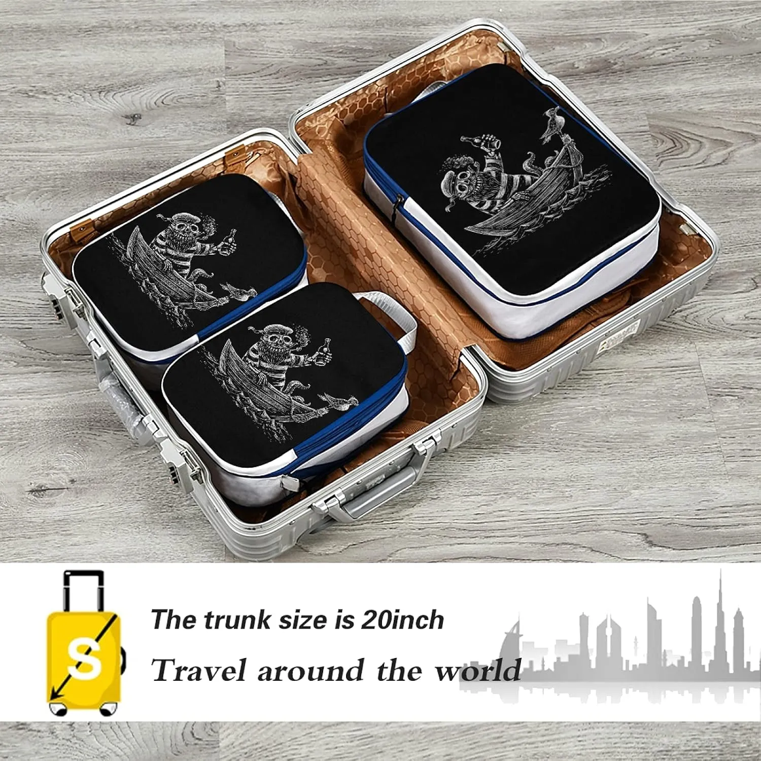 Sea Voyage Skeleton Sailor Sailing Boat Crow Black White 3 Set Packing Cubes, Travel Packing Organizers, Waterproof Check Oxford cloth Toiletry Storage Bag