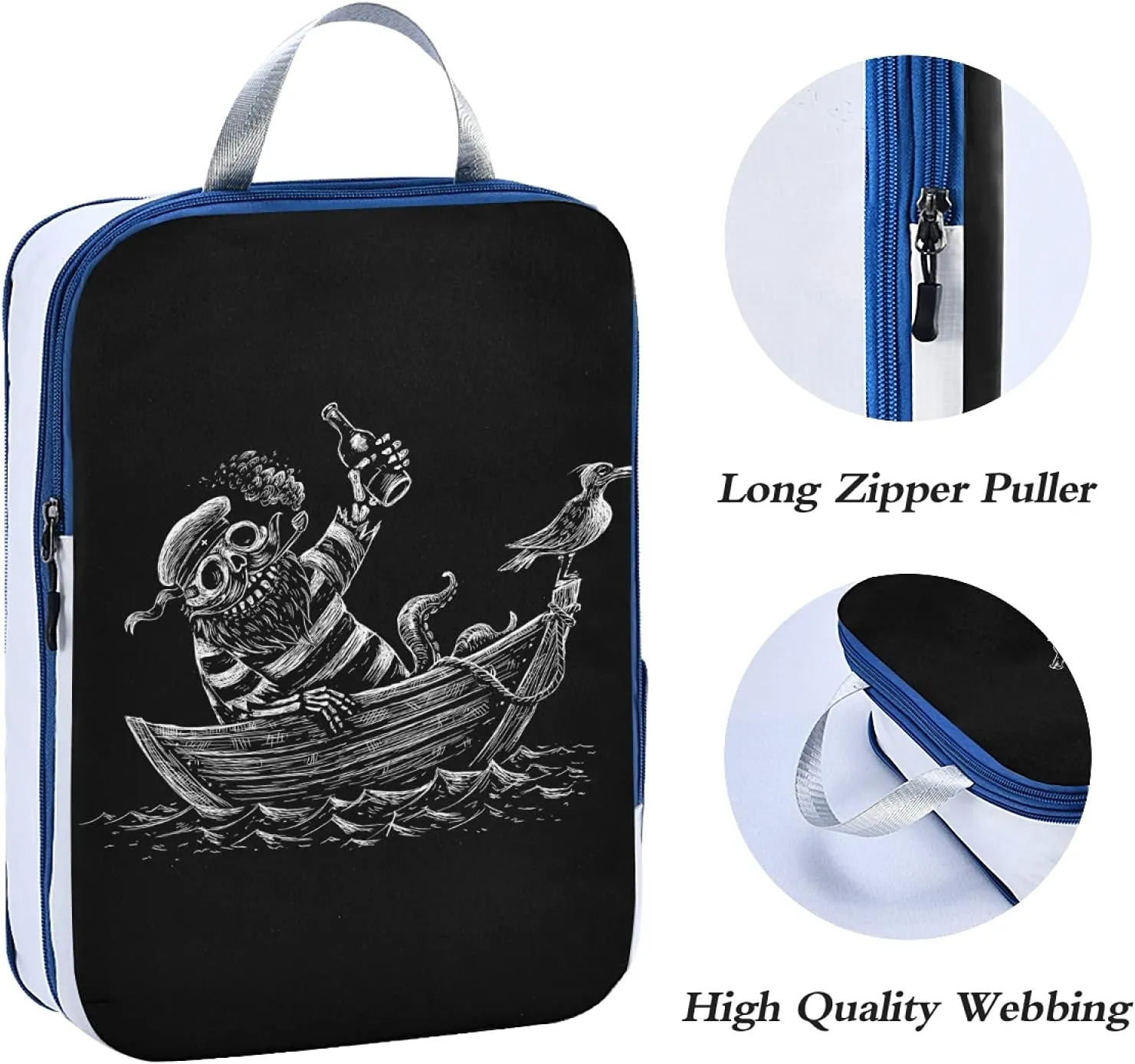 Sea Voyage Skeleton Sailor Sailing Boat Crow Black White 3 Set Packing Cubes, Travel Packing Organizers, Waterproof Check Oxford cloth Toiletry Storage Bag