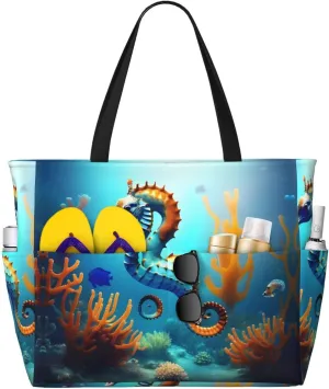 Seabed coral seahorse Large Capacity Beach Travel Bag, Foldable Beach Bag with Zipper, Great for Grocery Bag Pool Gym Travel Shopping