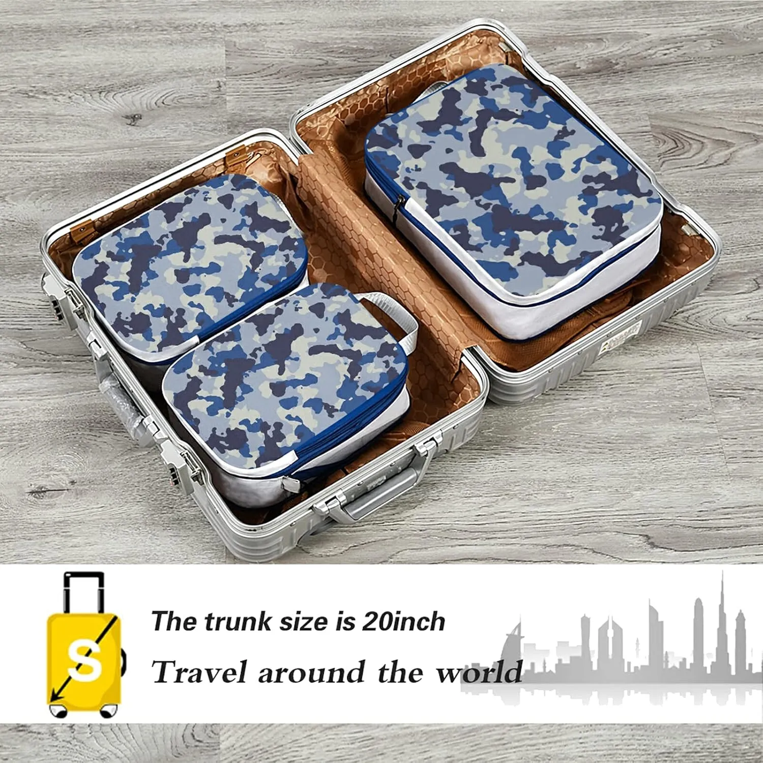 Seamless Blue Black Grey Urban Horizontal Camouflage Camo Pattern 3 Set Packing Cubes, Waterproof Check Oxford cloth Organizers, Travel Packing Toiletry Storage Bag