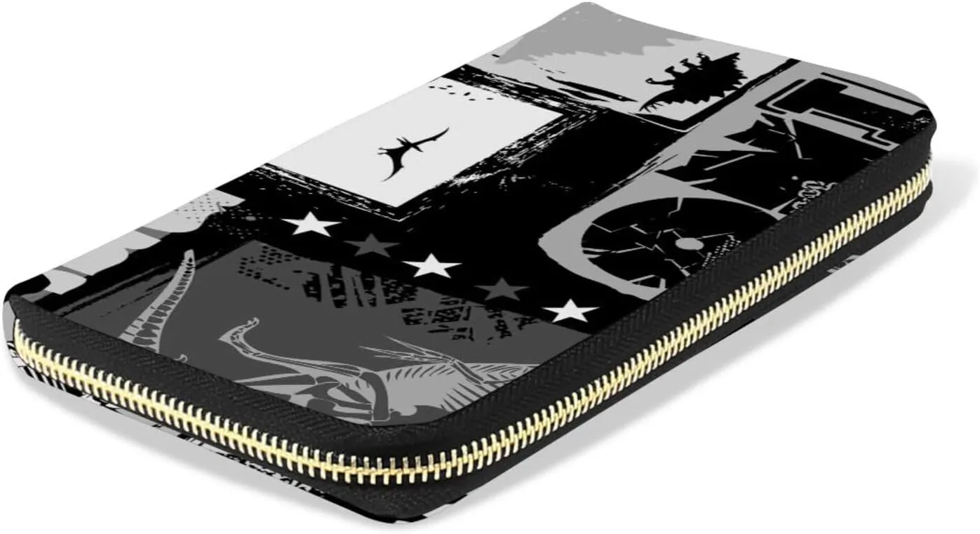 Seamless Dinosaurs White Black Patchwork Leather Long Wallet Organizer with Zipper Purse Clutch Bag for Women Men Key Card Coin Passport Checkbook 8 x 4 inch