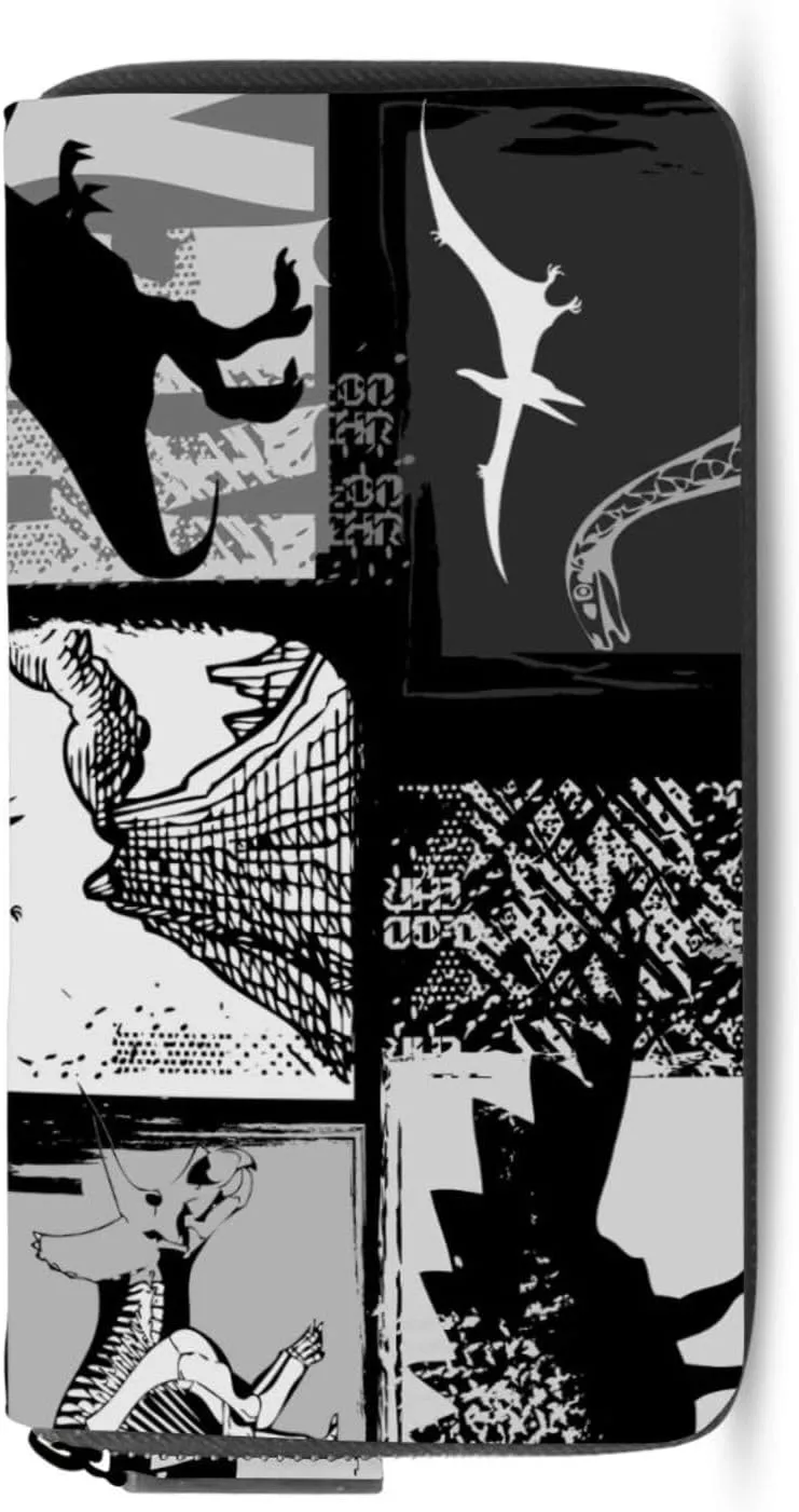Seamless Dinosaurs White Black Patchwork Leather Long Wallet Organizer with Zipper Purse Clutch Bag for Women Men Key Card Coin Passport Checkbook 8 x 4 inch