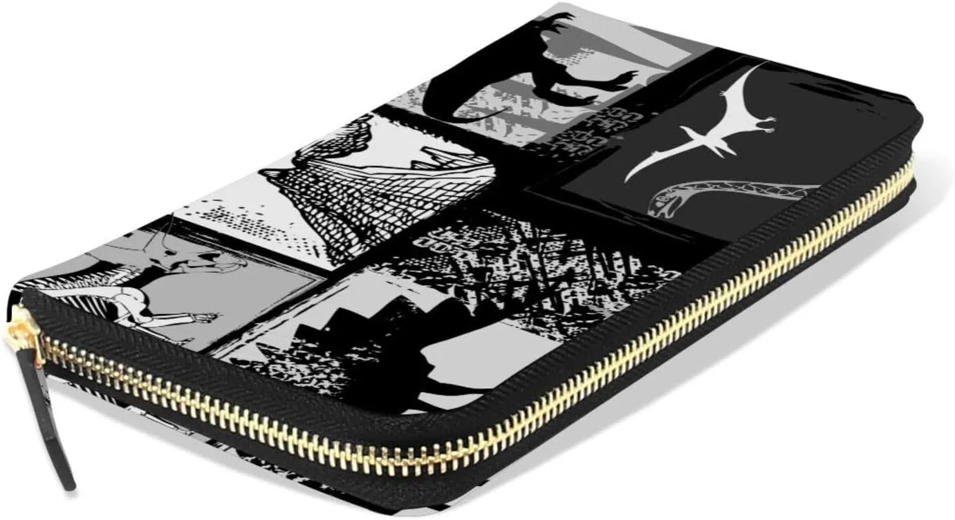Seamless Dinosaurs White Black Patchwork Leather Long Wallet Organizer with Zipper Purse Clutch Bag for Women Men Key Card Coin Passport Checkbook 8 x 4 inch