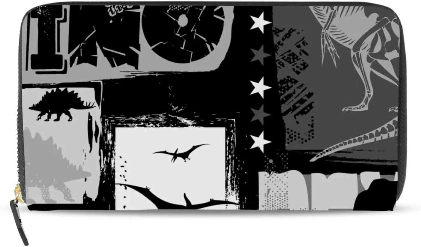 Seamless Dinosaurs White Black Patchwork Leather Long Wallet Organizer with Zipper Purse Clutch Bag for Women Men Key Card Coin Passport Checkbook 8 x 4 inch