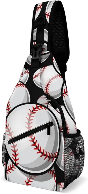 Seamless Pattern Baseball Sling Bag Crossbody for Women Men Lightweight Adjustable Extender Strap Softball Ball Shoulder Backpack with Water Bottle Holder Casual Daypack for Hiking Travel