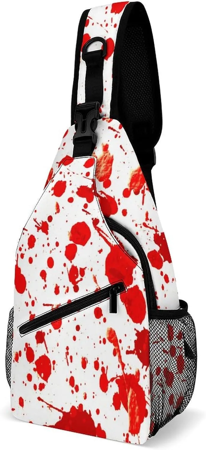 Seamless Pattern Blood Splatters Sling Bag Crossbody for Women Men Lightweight Adjustable Extender Strap Terrifying Shoulder Backpack with Water Bottle Holder Casual Daypack for Hiking Travel