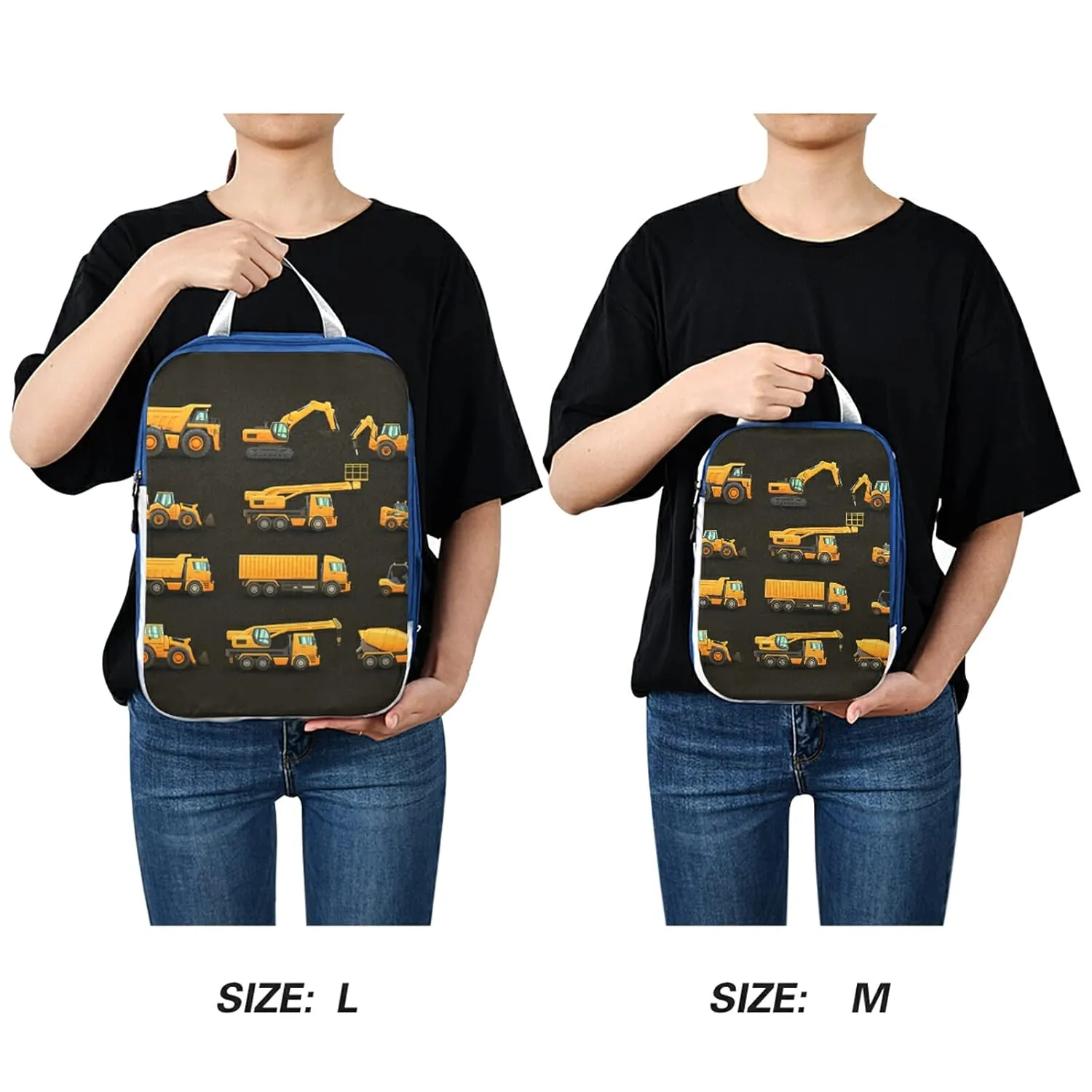 Seamless Yellow Construction Machinery Trucks, Crane, Loader Bulldozer 3 Set Packing Cubes, Waterproof Check Oxford cloth Organizers, Travel Packing Toiletry Storage Bag
