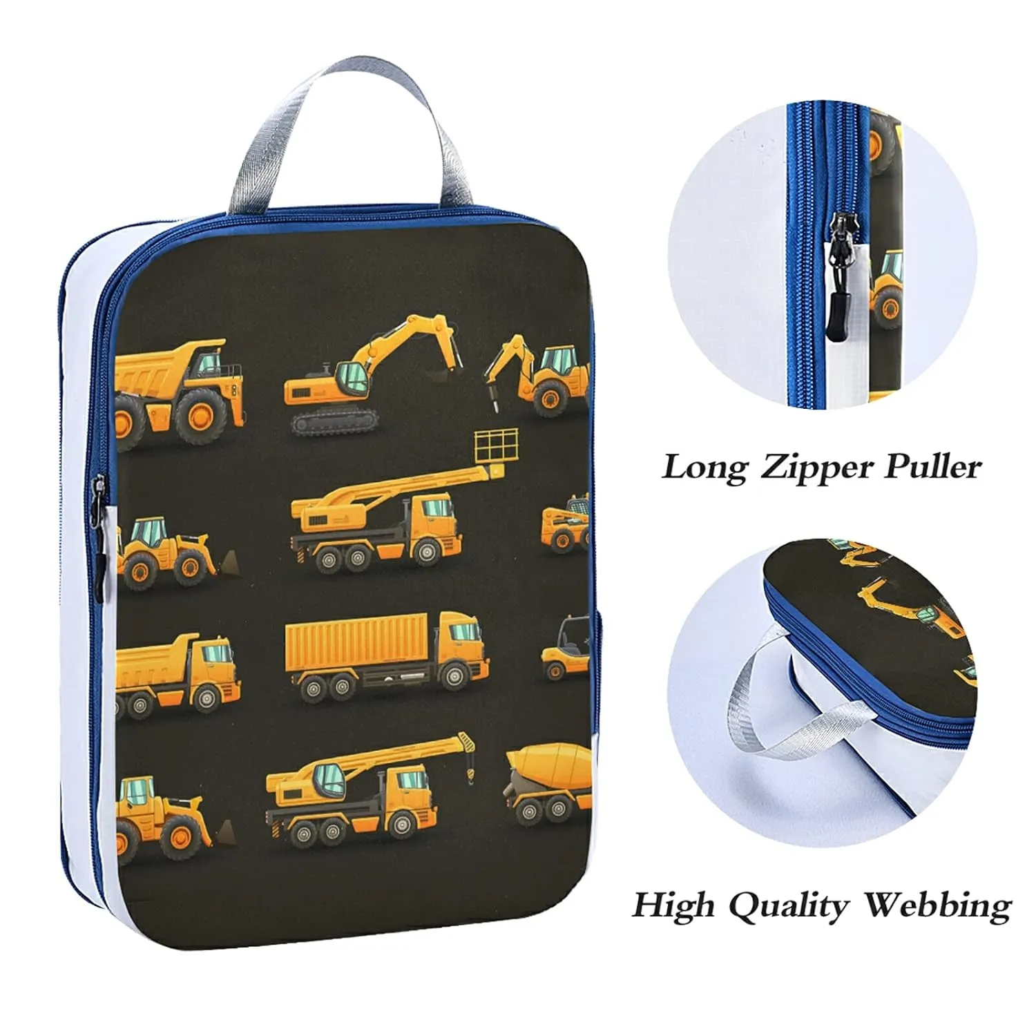 Seamless Yellow Construction Machinery Trucks, Crane, Loader Bulldozer 3 Set Packing Cubes, Waterproof Check Oxford cloth Organizers, Travel Packing Toiletry Storage Bag