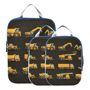 Seamless Yellow Construction Machinery Trucks, Crane, Loader Bulldozer 3 Set Packing Cubes, Waterproof Check Oxford cloth Organizers, Travel Packing Toiletry Storage Bag