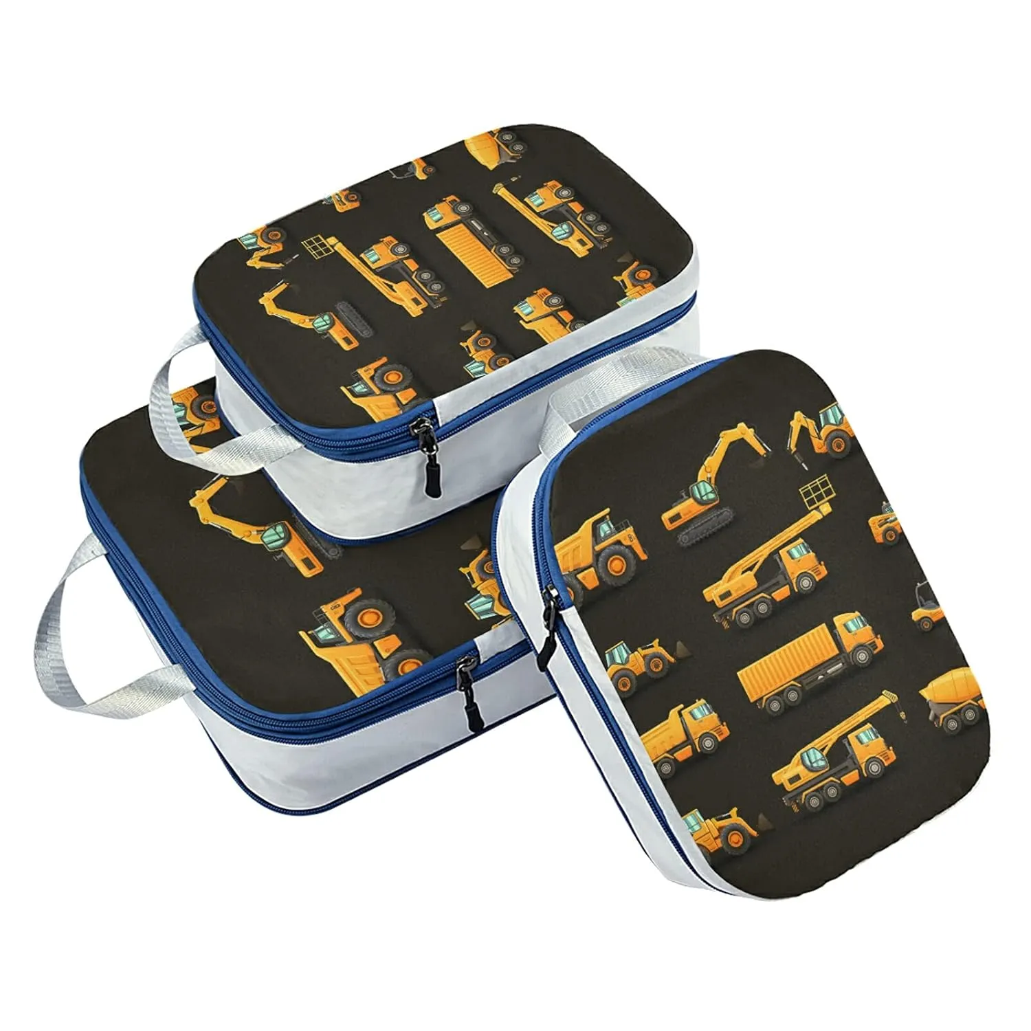 Seamless Yellow Construction Machinery Trucks, Crane, Loader Bulldozer 3 Set Packing Cubes, Waterproof Check Oxford cloth Organizers, Travel Packing Toiletry Storage Bag
