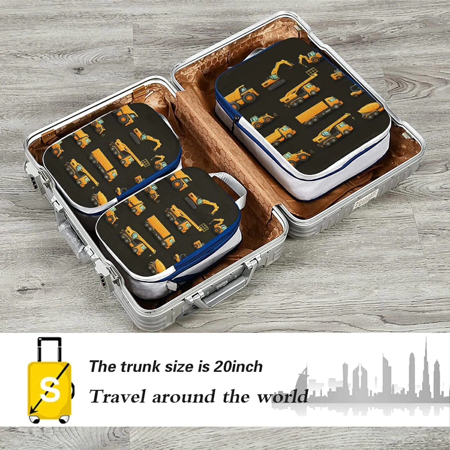 Seamless Yellow Construction Machinery Trucks, Crane, Loader Bulldozer 3 Set Packing Cubes, Waterproof Check Oxford cloth Organizers, Travel Packing Toiletry Storage Bag