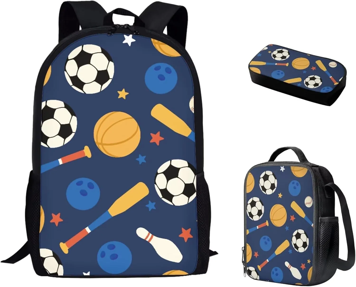 SEANATIVE Balls Print 3 Pieces School Bag Sets, Kids Girl Lightweight School Backpack Including Pencil Case and Thermal Insulted Lunch Box Casual Rucksack with Zipper