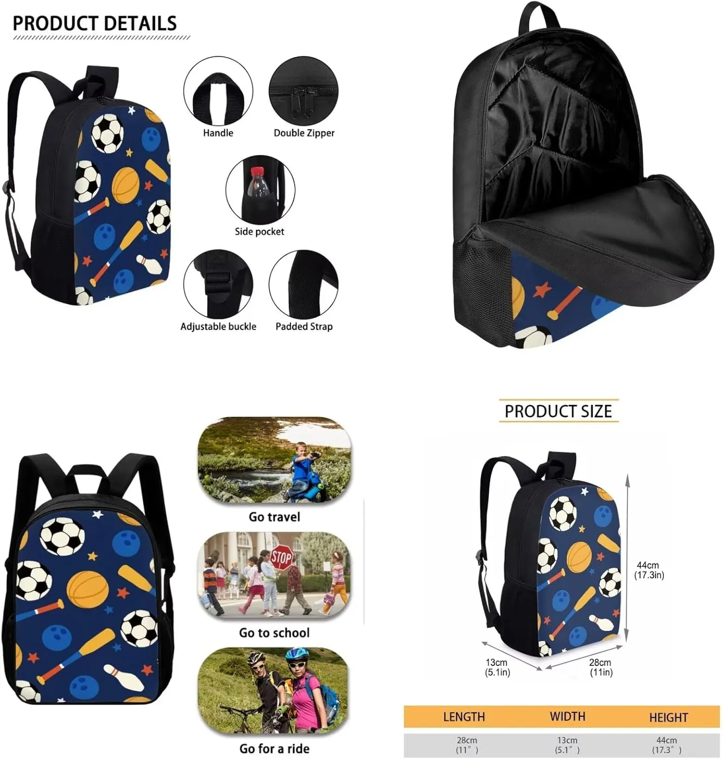 SEANATIVE Balls Print 3 Pieces School Bag Sets, Kids Girl Lightweight School Backpack Including Pencil Case and Thermal Insulted Lunch Box Casual Rucksack with Zipper