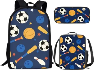 SEANATIVE Balls Print 3 Pieces School Bag Sets, Kids Girl Lightweight School Backpack Including Pencil Case and Thermal Insulted Lunch Box Casual Rucksack with Zipper