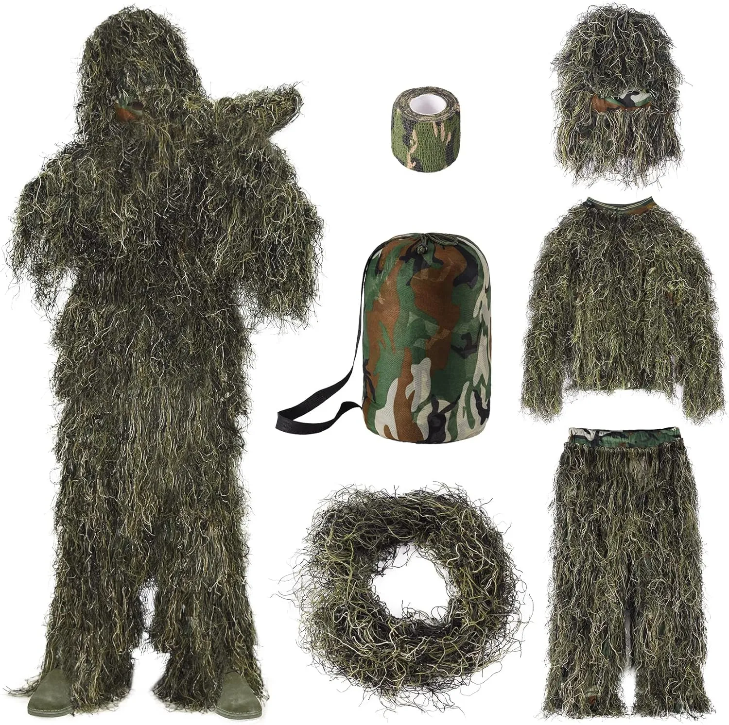 Seeutek 6 in 1 Ghillie Suit, 3D Camouflage Hunting Apparel Including Jacket, Pants, Hood, Carry Bag and Camo Tapes