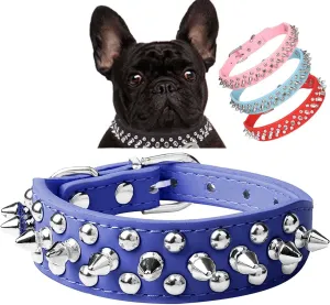 Serijoars Spiked Dog Collar Soft Pu Leather Mushrooms Rivet Spike Studded Dog Collar Adjustable Puppy Collars (S, Dark Blue)