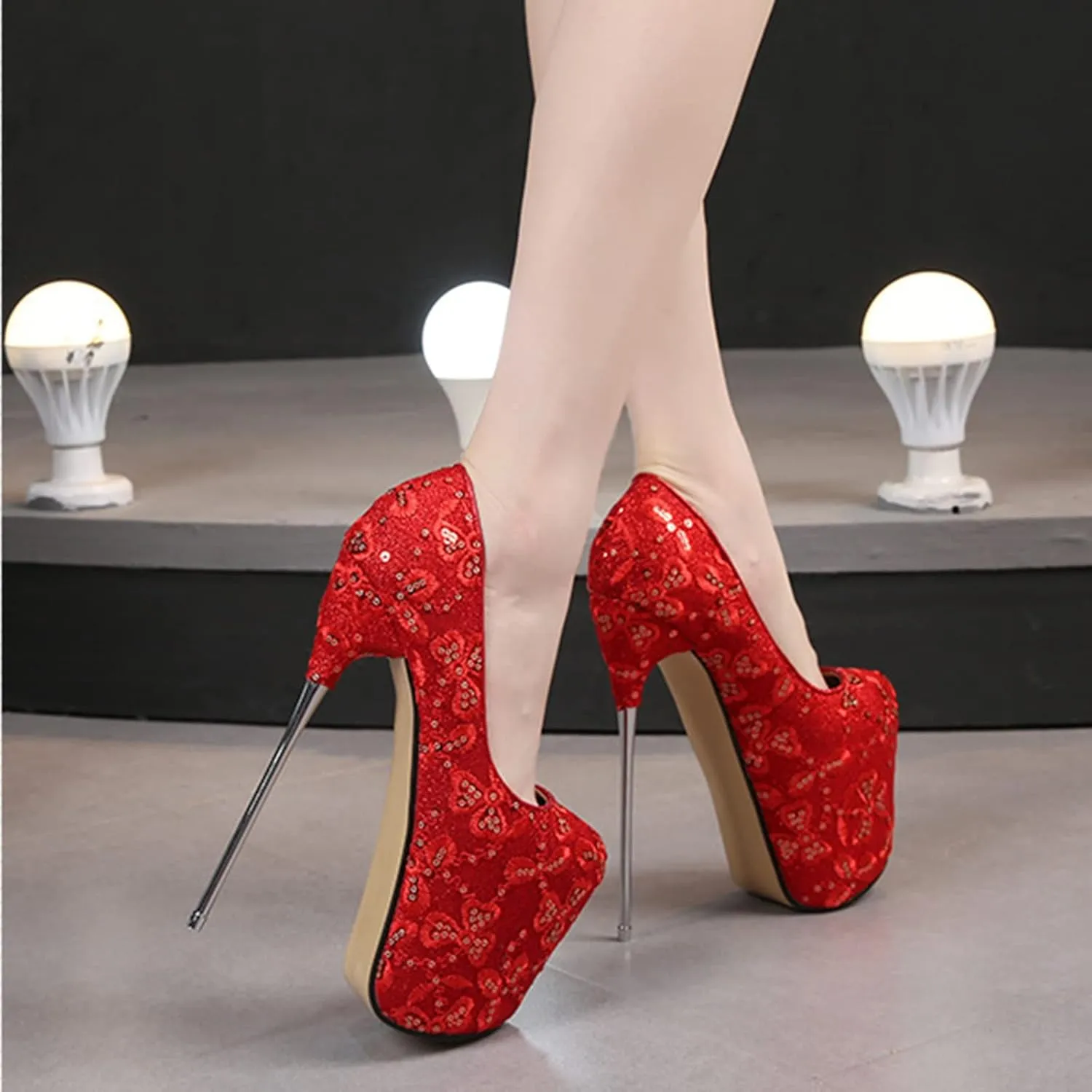 Sexy 19CM Hate Sky High Heels Stiletto Lace Sequins Red Large Size Silver Wedding Shoes