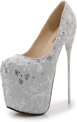 Sexy 19CM Hate Sky High Heels Stiletto Lace Sequins Red Large Size Silver Wedding Shoes