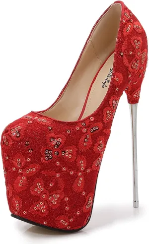 Sexy 19CM Hate Sky High Heels Stiletto Lace Sequins Red Large Size Silver Wedding Shoes
