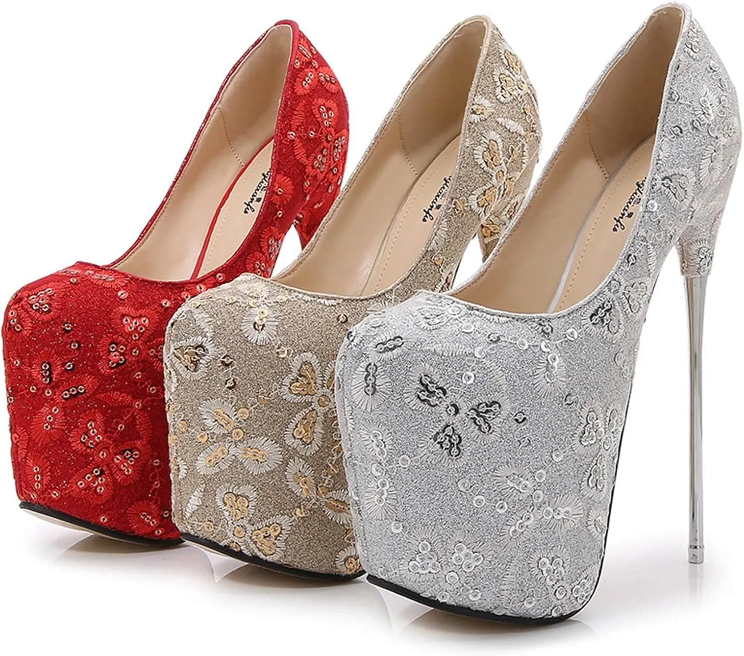 Sexy 19CM Hate Sky High Heels Stiletto Lace Sequins Red Large Size Silver Wedding Shoes