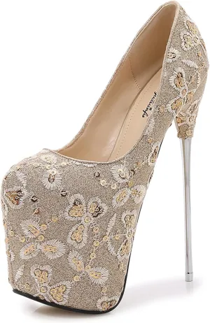 Sexy 19CM Hate Sky High Heels Stiletto Lace Sequins Red Large Size Silver Wedding Shoes