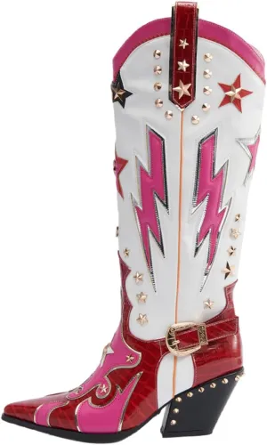 sexytag Rivet Studded Cowboy Boots Multi-color Cowgirl Boots Patchwork Western Knee High Boots