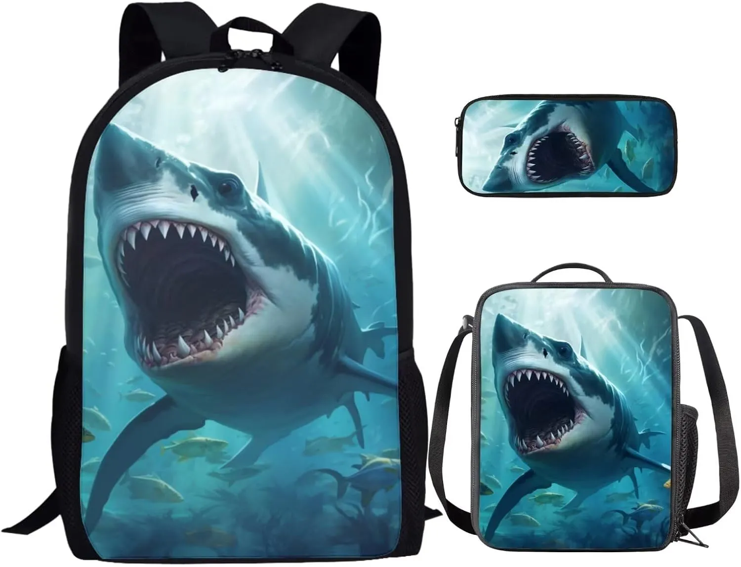 Shark Backpack for Boys Kids Backpack with Lunch Box and Soft Pencil Case 3PCS Bookbag Set for School Teens 17 inch Large Capacity School Bag with Side Pocket Casual Daypack Backpacks
