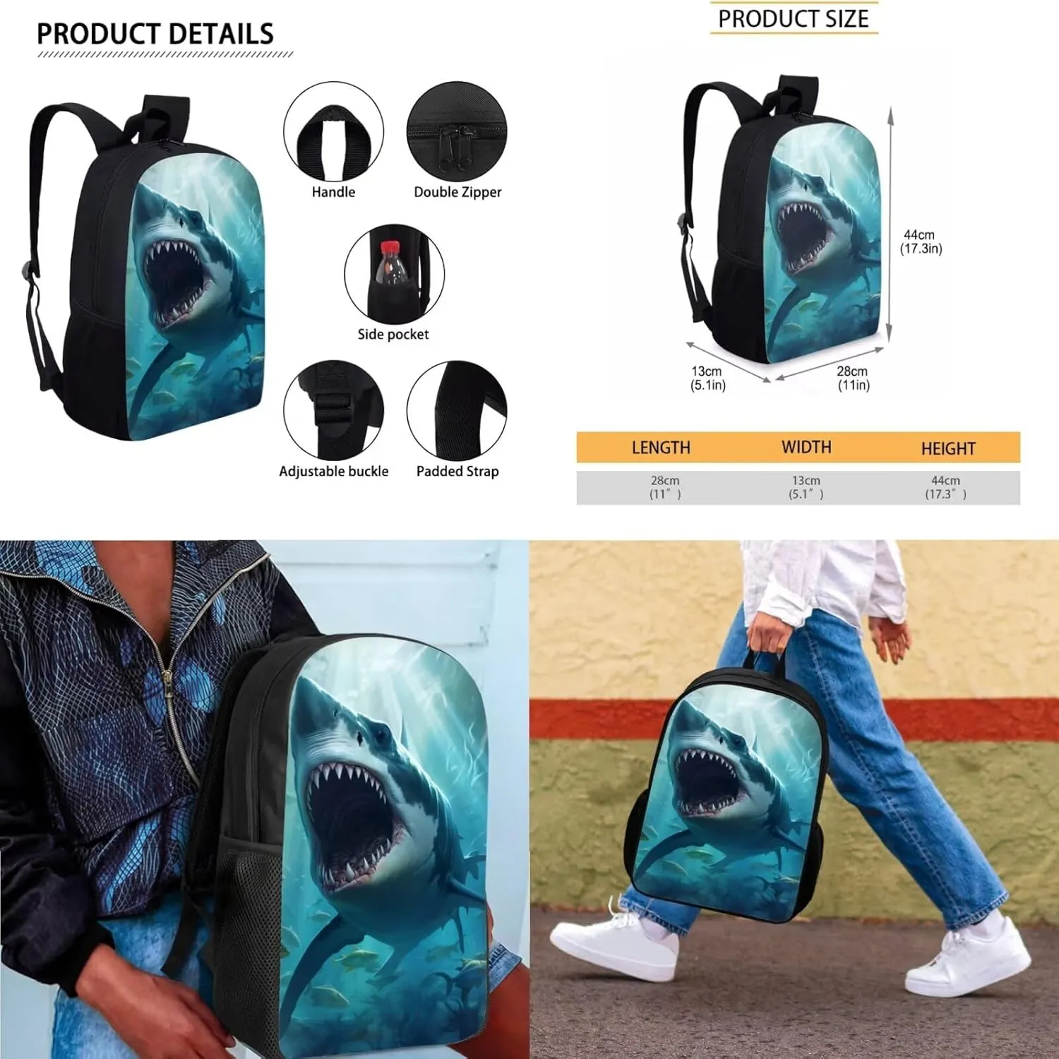 Shark Backpack for Boys Kids Backpack with Lunch Box and Soft Pencil Case 3PCS Bookbag Set for School Teens 17 inch Large Capacity School Bag with Side Pocket Casual Daypack Backpacks