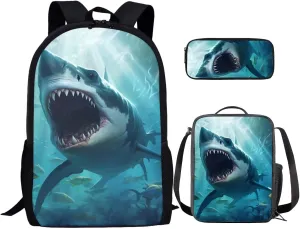 Shark Backpack for Boys Kids Backpack with Lunch Box and Soft Pencil Case 3PCS Bookbag Set for School Teens 17 inch Large Capacity School Bag with Side Pocket Casual Daypack Backpacks
