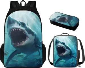 Shark Backpack for Boys Kids Backpack with Lunch Box and Soft Pencil Case 3PCS Sturdy Bookbag Set for School Teens Large Capacity School Bag with Compartments School Supplies for Students