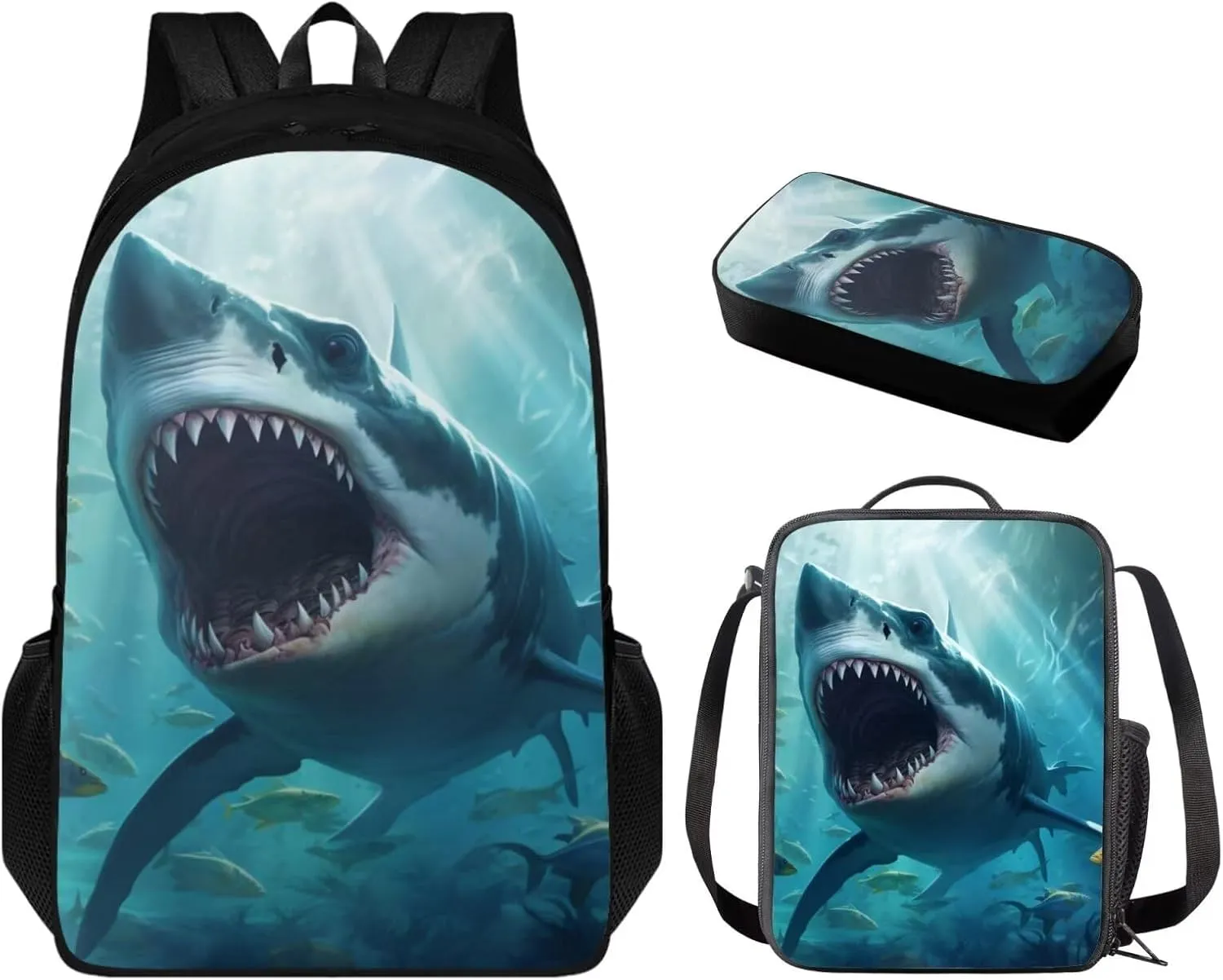 Shark Backpack for Boys Kids Backpack with Lunch Box and Soft Pencil Case 3PCS Sturdy Bookbag Set for School Teens Large Capacity School Bag with Compartments School Supplies for Students