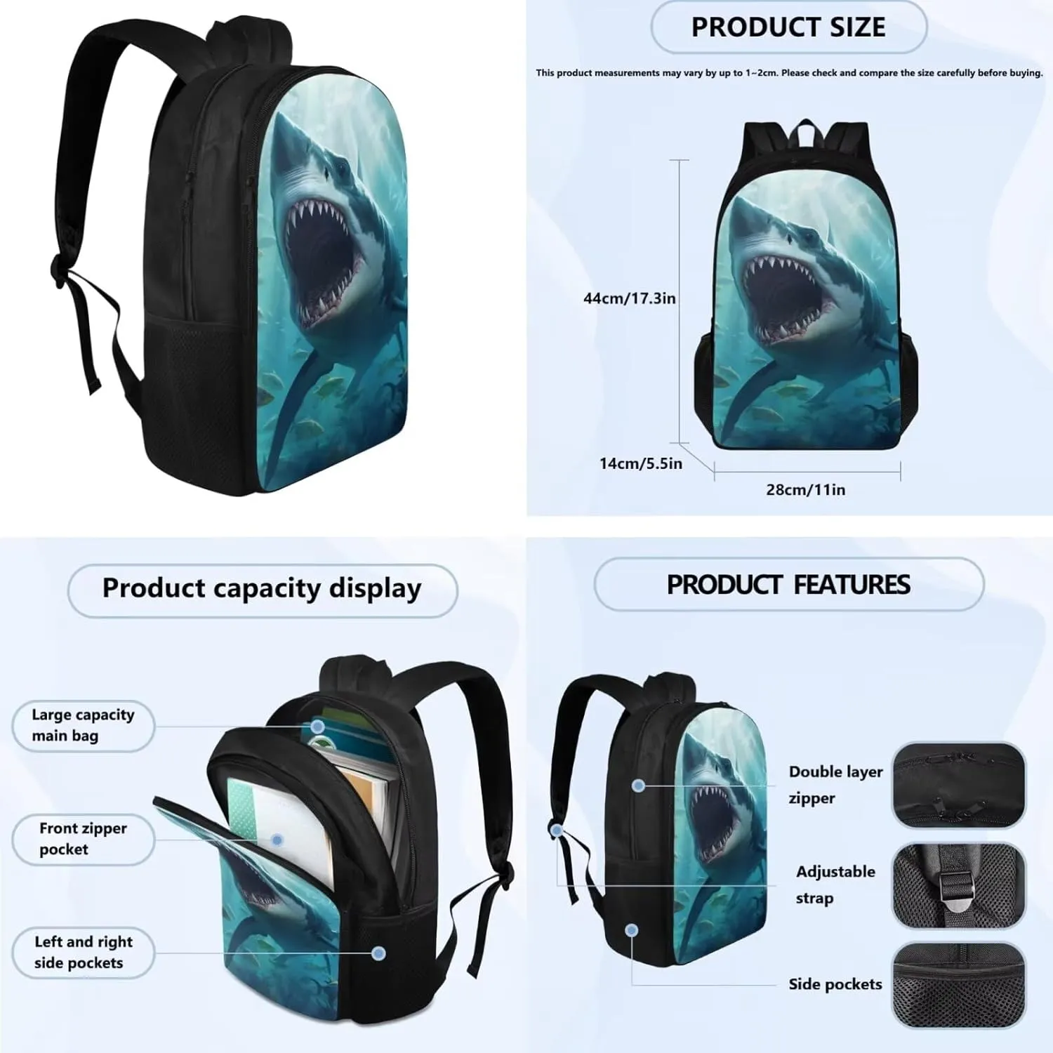 Shark Backpack for Boys Kids Backpack with Lunch Box and Soft Pencil Case 3PCS Sturdy Bookbag Set for School Teens Large Capacity School Bag with Compartments School Supplies for Students