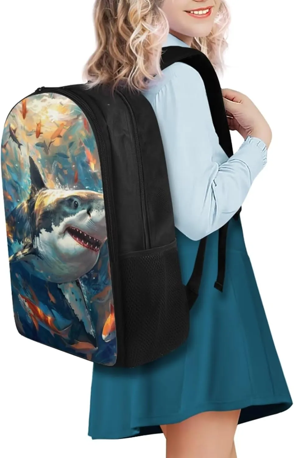 Shark Backpack for Boys Kids Backpack with Lunch Box and Soft Pencil Pouch 3PCS Bookbag with Compartments for School Teens 17" Sturdy School Bag with Side Pocket Kids Back to School Supplies