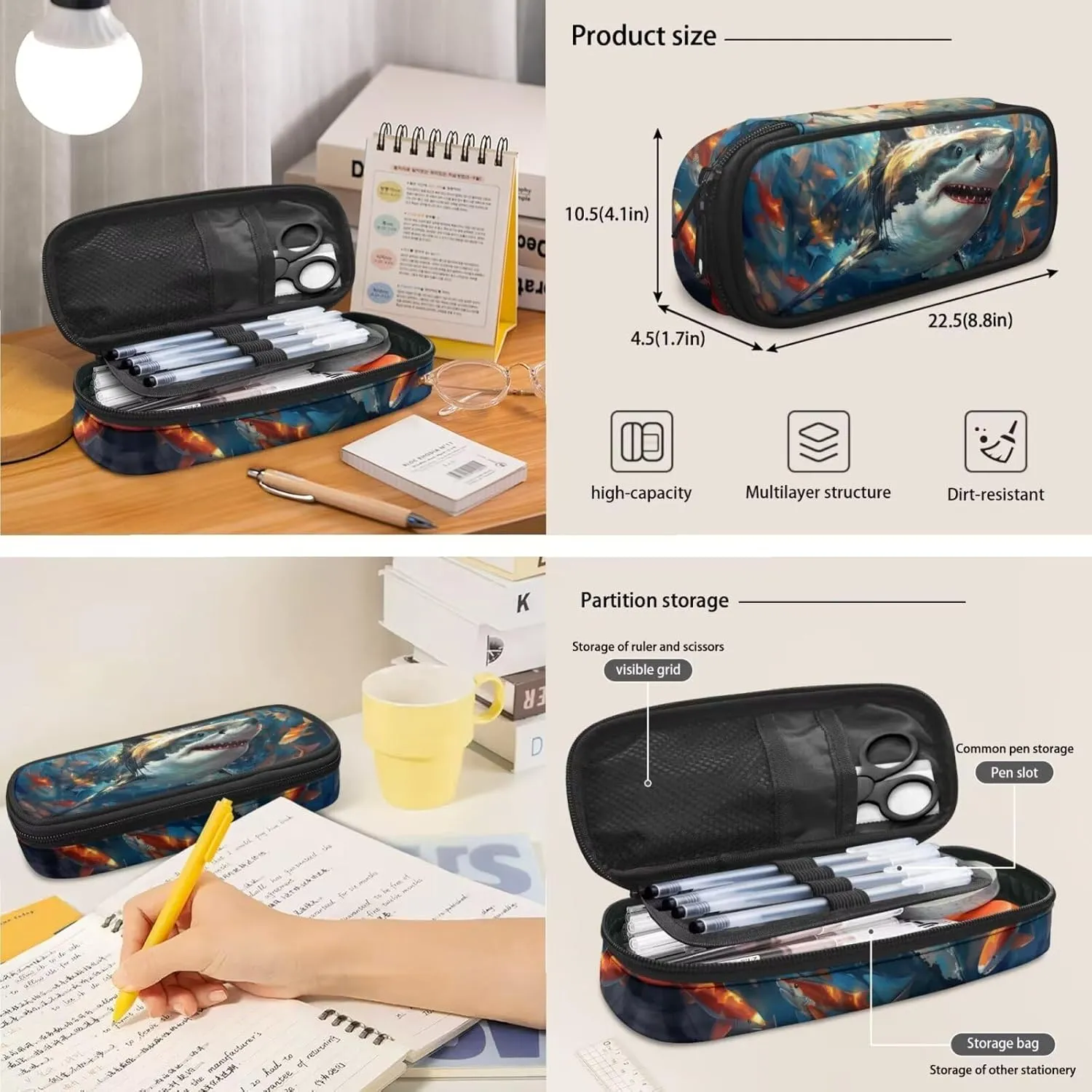 Shark Backpack for Boys Kids Backpack with Lunch Box and Soft Pencil Pouch 3PCS Bookbag with Compartments for School Teens 17" Sturdy School Bag with Side Pocket Kids Back to School Supplies