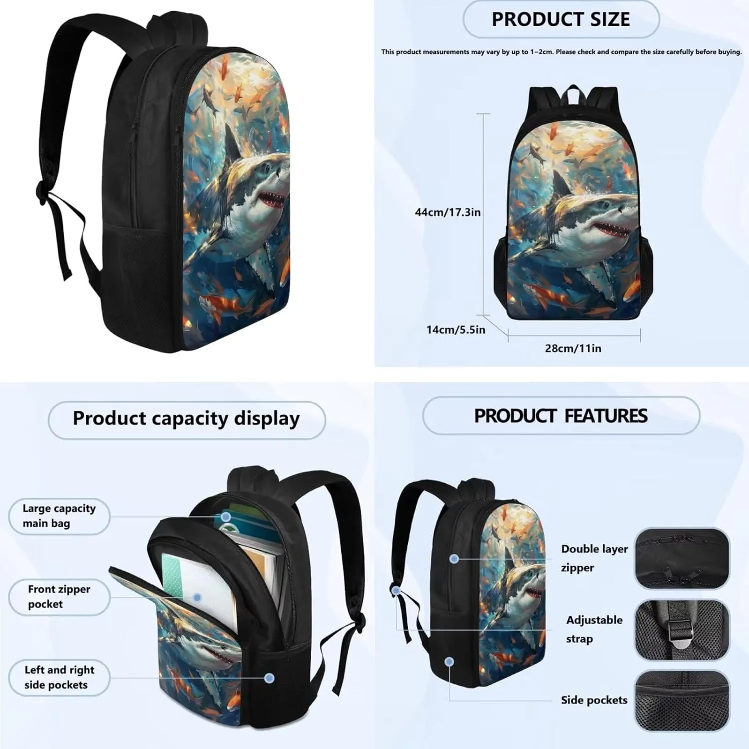 Shark Backpack for Boys Kids Backpack with Lunch Box and Soft Pencil Pouch 3PCS Bookbag with Compartments for School Teens 17" Sturdy School Bag with Side Pocket Kids Back to School Supplies
