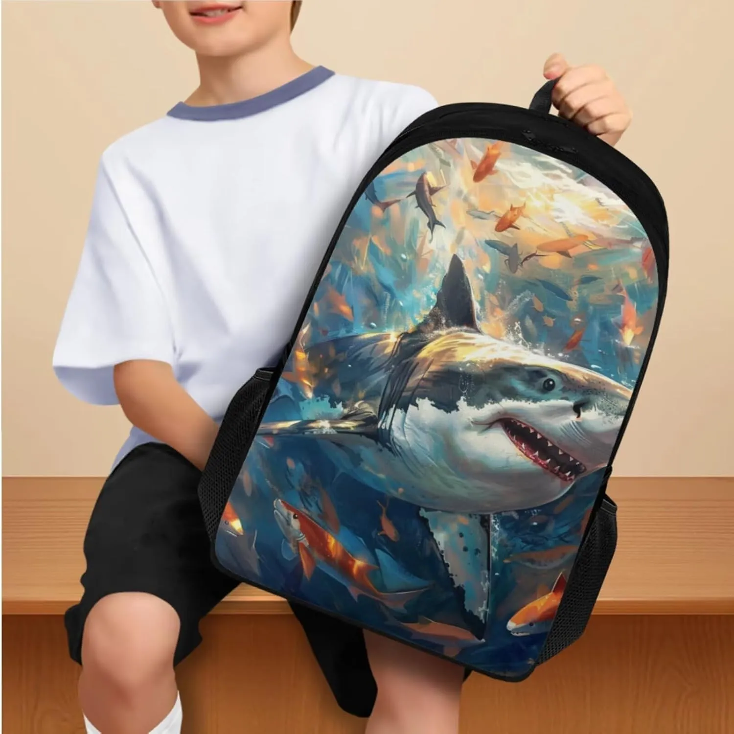 Shark Backpack for Boys Kids Backpack with Lunch Box and Soft Pencil Pouch 3PCS Bookbag with Compartments for School Teens 17" Sturdy School Bag with Side Pocket Kids Back to School Supplies