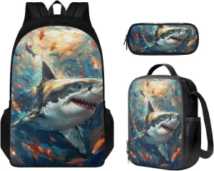 Shark Backpack for Boys Kids Backpack with Lunch Box and Soft Pencil Pouch 3PCS Bookbag with Compartments for School Teens 17" Sturdy School Bag with Side Pocket Kids Back to School Supplies