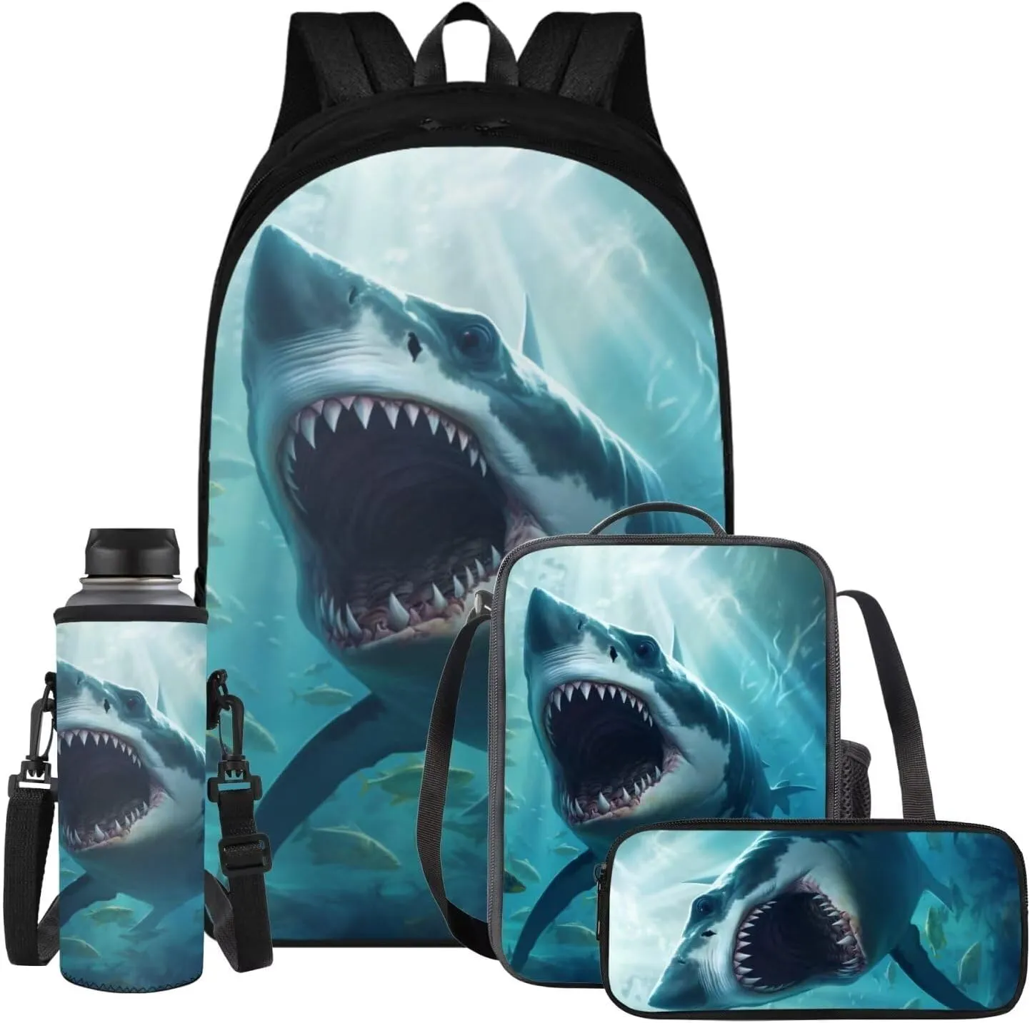 Shark Backpack for Boys Kids Backpack with Lunch Box Water Bottle Carrier with Strap and Soft Pencil Case 4PCS Set Bookbag with Compartments for School Teens 17 inch Large Capacity School Bag