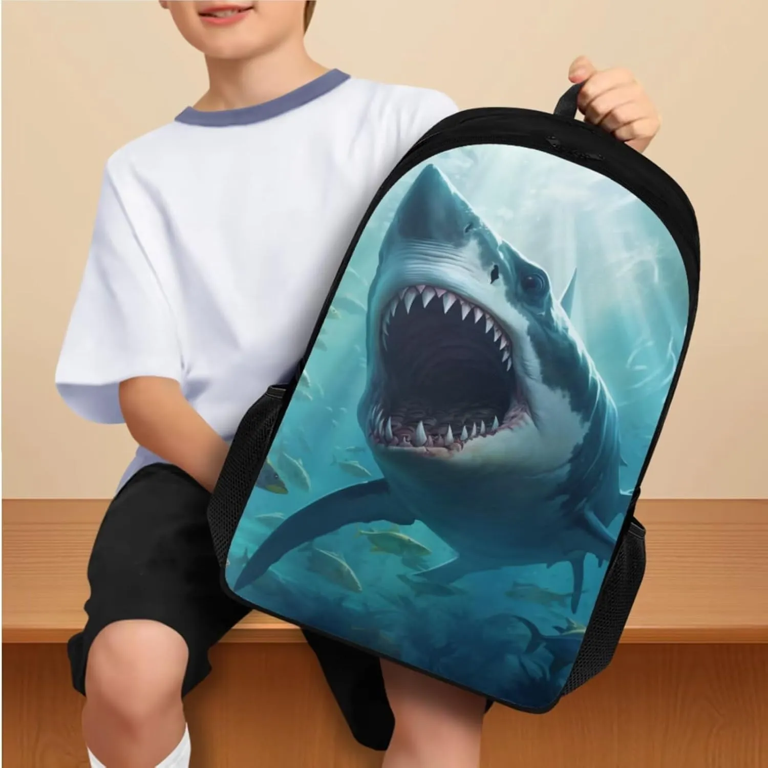 Shark Backpack for Boys Kids Backpack with Lunch Box Water Bottle Carrier with Strap and Soft Pencil Case 4PCS Set Bookbag with Compartments for School Teens 17 inch Large Capacity School Bag