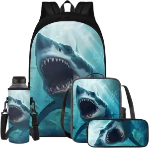 Shark Backpack for Boys Kids Backpack with Lunch Box Water Bottle Carrier with Strap and Soft Pencil Case 4PCS Set Bookbag with Compartments for School Teens 17 inch Large Capacity School Bag