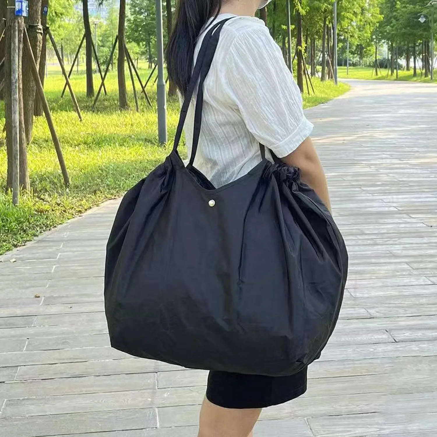 Shopping Bag for Groceries, Reusable Grocery Bags with Handle, Big Capacity Foldable Tote Bag for Super Market Trip Picnic Sport (Black)