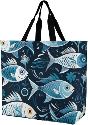 Shopping Bag for Women, Cartoon Fish Print Tote Bag, Large Capacity Shoulder Bags for Groceries Travel
