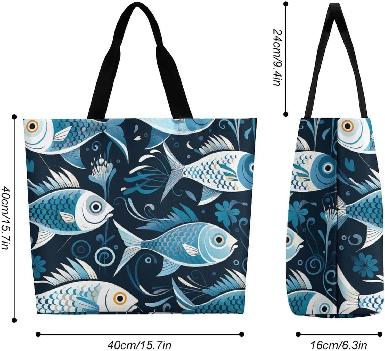 Shopping Bag for Women, Cartoon Fish Print Tote Bag, Large Capacity Shoulder Bags for Groceries Travel