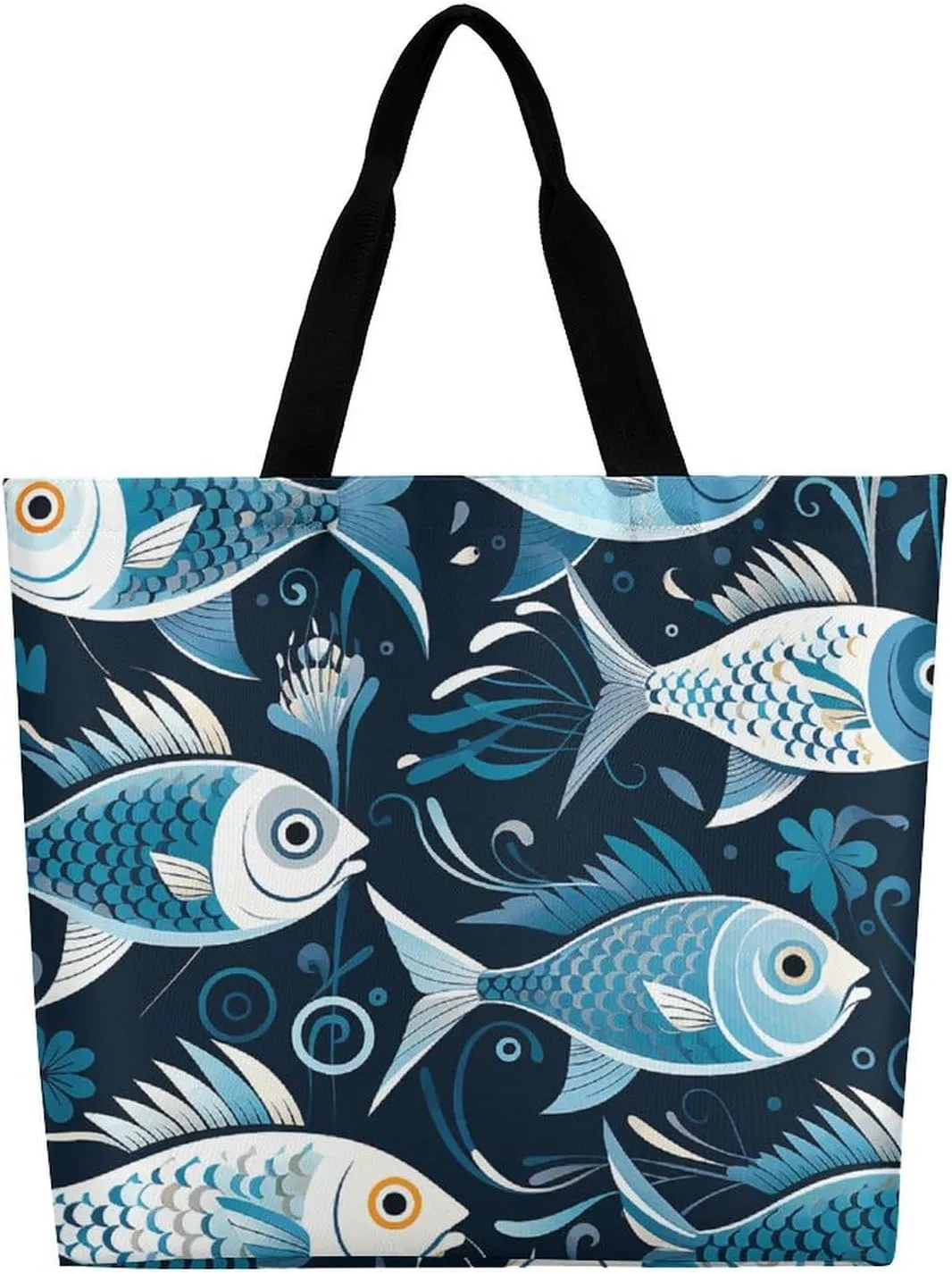 Shopping Bag for Women, Cartoon Fish Print Tote Bag, Large Capacity Shoulder Bags for Groceries Travel