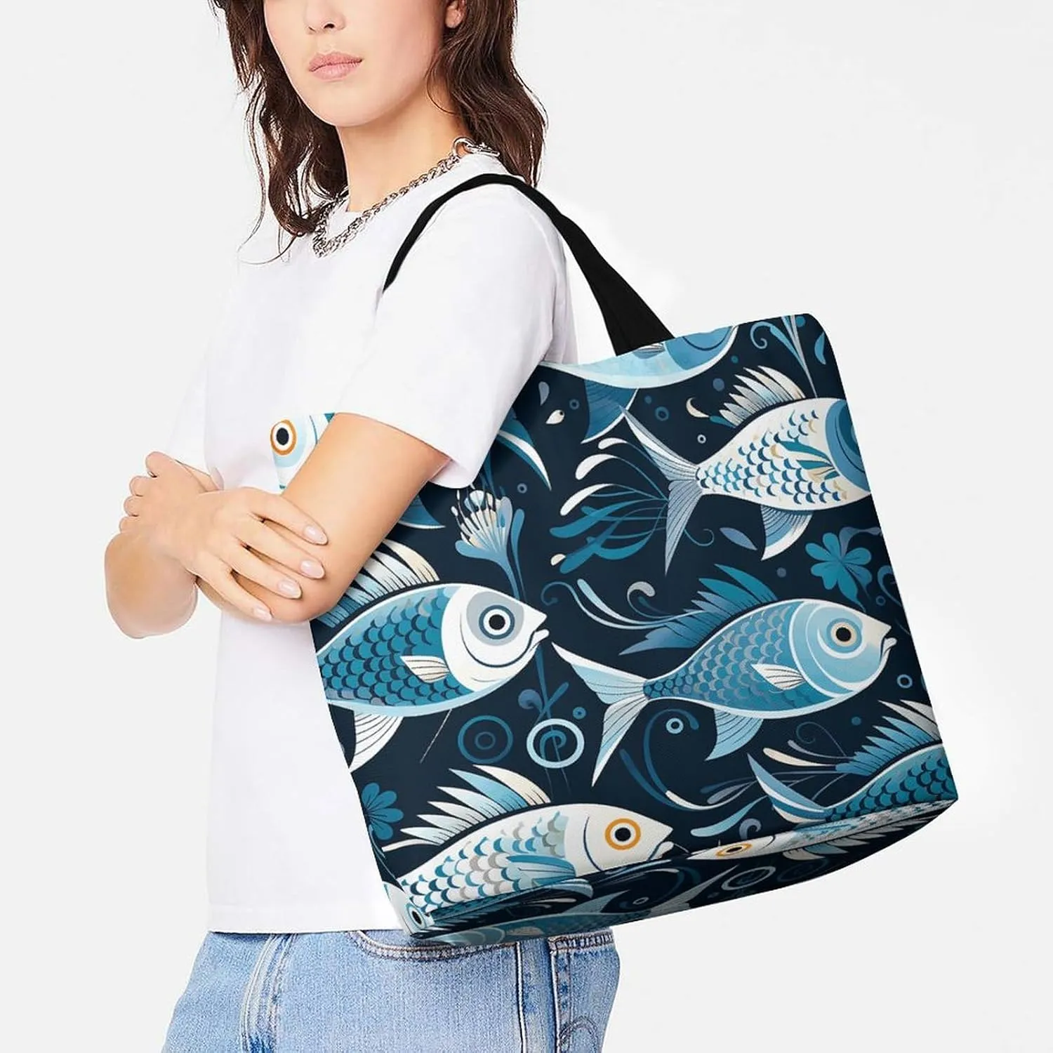 Shopping Bag for Women, Cartoon Fish Print Tote Bag, Large Capacity Shoulder Bags for Groceries Travel