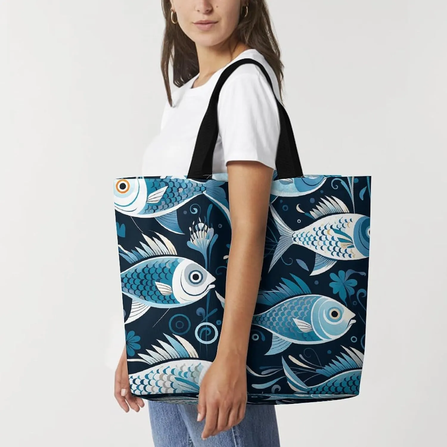 Shopping Bag for Women, Cartoon Fish Print Tote Bag, Large Capacity Shoulder Bags for Groceries Travel