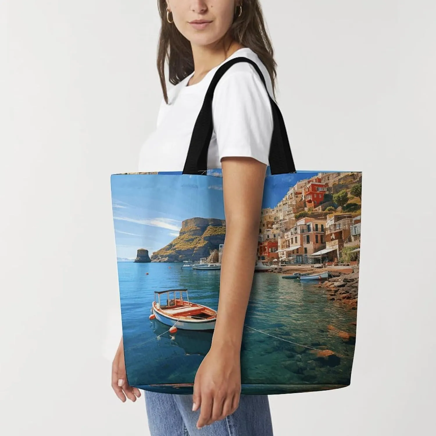 Shopping Bag for Women, Seaside Town Tote Bag, Large Capacity Shoulder Bags for Groceries Travel