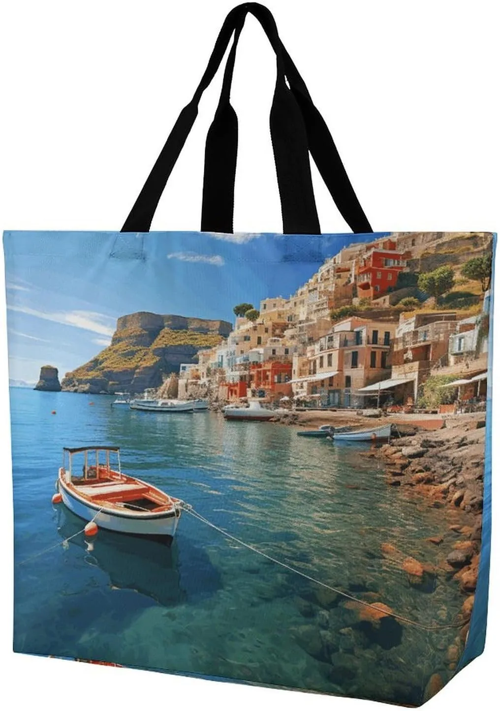 Shopping Bag for Women, Seaside Town Tote Bag, Large Capacity Shoulder Bags for Groceries Travel