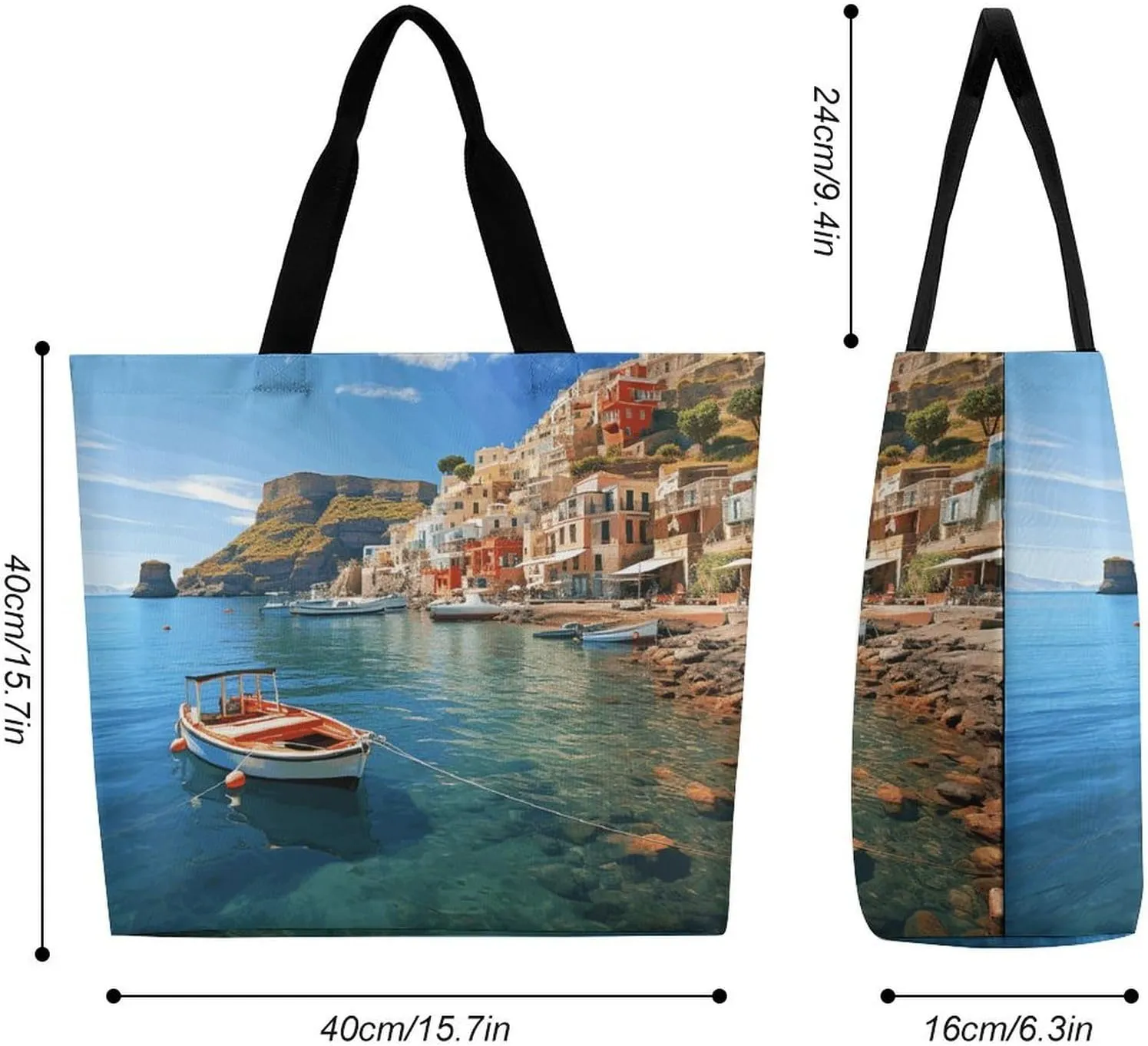 Shopping Bag for Women, Seaside Town Tote Bag, Large Capacity Shoulder Bags for Groceries Travel